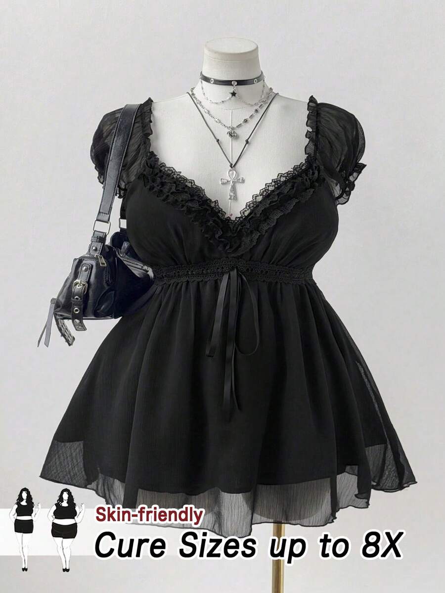 SHEIN CURVE+ Áo kiểu nữ cỡ lớn cổ tim viền ren phong cách lễ hội Coachella - màu đen - Xem 1