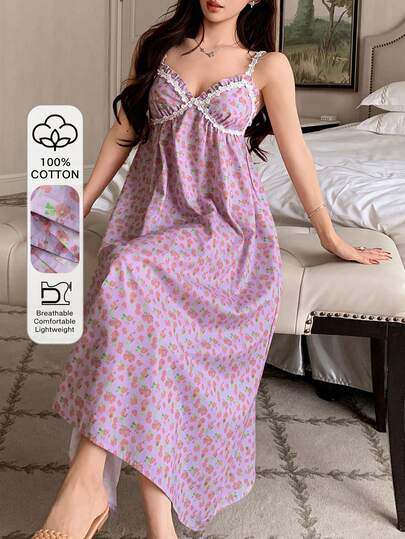 DAZY Women's Sleeveless Ditsy Floral Lace Patchwork Maxi Nightgown Dress