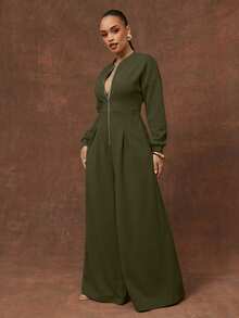 Vixey 浅灰色重磅抓绒卫衣长袖阔腿连体裤 - 軍綠色 - 查看 5