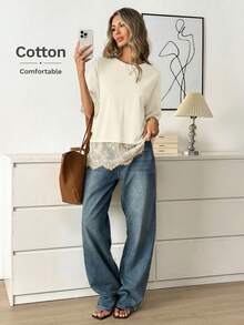 Easowa 女士黑色短袖圆领蕾丝下摆宽松T恤 - 米色 - 查看 5