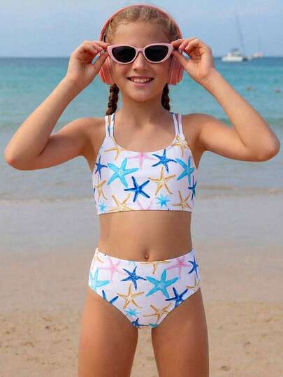 少女比基尼套装，两件式泳衣，交叉肩带，海星印花，适合海滩、泳池派对