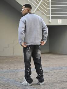 Devon Thys 男士毛衣，秋冬季保暖，欧美风格，男女皆宜，宽松版型，商务休闲，高街时尚，小众设计，长袖，落肩，简约圆领针织上衣 - 灰色 - 查看 4