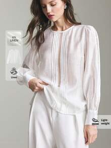 Ontre 2026春夏女士醋酸纤维亚麻混纺镂空刺绣圆领长袖衬衫，都市通勤办公商务休闲装，派对聚会基础款上衣，夏季上衣，情人节上衣，优雅女士衬衫 - 白色 - 查看 3