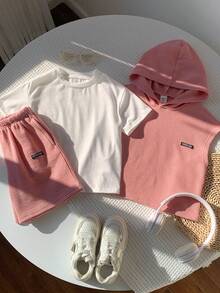 3pcs Kids Boys Casual Versatile Comfortable Textured Fabric Letter Print Hooded Loose Pullover Short Sleeve T-Shirt And Shorts 3-Piece Set, Suitable For Spring, Summer, Autumn, Winter, Daily Wear, Sports, Outings, School, Gatherings, Holidays, Photoshoots, Back To School Season - Dusty Pink - View 6