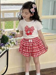 2pcs/Set Young Girl Watermelon Knit Top And Woven Plaid Skirt Outfit - Green - View 2