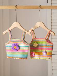 SHEIN 2件套休闲百搭柔软罗纹内衬罗纹花卉刺绣时尚女童上衣 - 彩色 - 查看 1