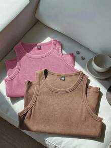 Comfortcana 2pcs Women Solid Color Sleeveless Tight Knit Tank Top Set - Hot Pink - View 4