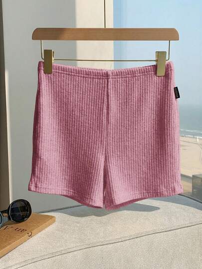 Comfortcana Women's Casual Solid Lotus Root Pink Ribbed Super Short Leggings, Summer