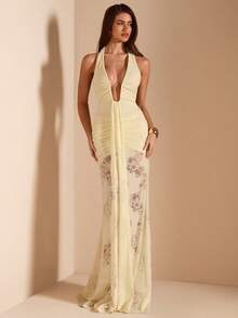 SHEIN BAE Solid Yellow Sexy Deep V-Neck Textured Bodycon Dress, Elegant Beach Vacation Dress, Spring/Summer - Light Yellow - View 1