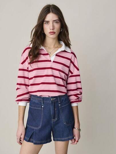 Nöista Striped Oversized Polo In Pink And Burgundy Colors With Neck And Collar In Contrast White Color. Spring, Summer Outfit For Women, Vacation, Casual Holiday,
