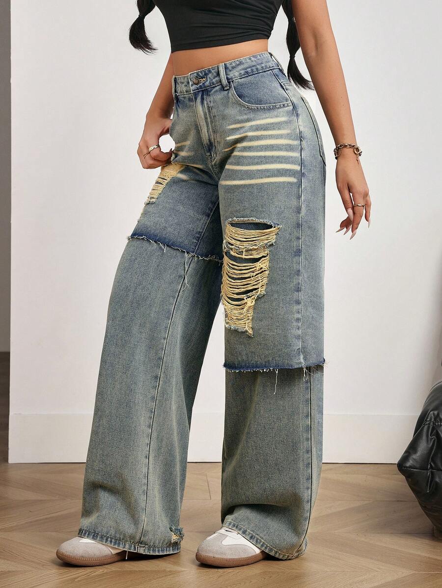 SHEIN PETITE 女士休闲水洗做旧阔腿牛仔裤 - 藍色 - 查看 1