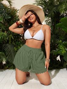 Swim Vcay Plus Size Women Solid Color Ruffle Hem Loose Woven Cover Up & Shorts Set - Army Green - View 5