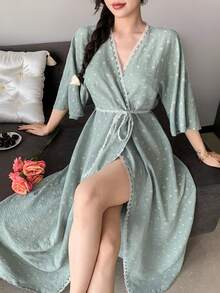 DAZY 女士波点撞色滚边睡袍 - 綠色 - 查看 6