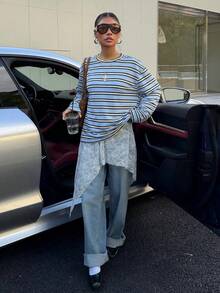 Muchica 女士蓝色时尚撞色条纹宽松长袖T恤，适合外出和街头穿着 - 藍色 - 查看 5