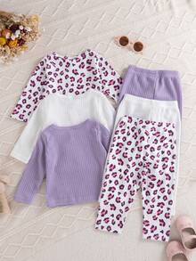 SHEIN Playful Pals Bộ 6 món cho bé gái sơ sinh mùa xuân và thu, kiểu dáng thường ngày, đơn giản, dễ thương, ngọt ngào với họa tiết da báo nâu, áo hồng/màu mơ phối cùng quần cùng màu, thích hợp cho đi học và mặc hàng ngày. - Nhiều màu - Xem 2