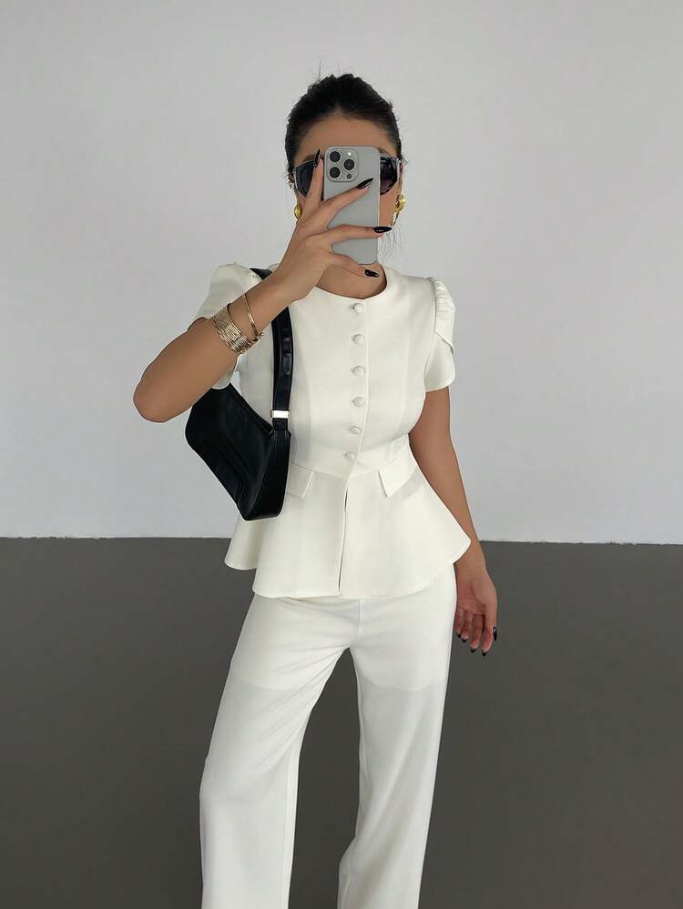 2pcs/Set Women's Casual Round Neck Petal Sleeve Crop Top And Pants Set, Spring Summer