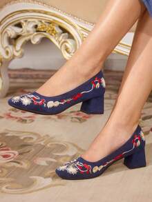 CUCCOO TILAWA Elegant Floral Women's Chunky Heels - Casual Square Toe, High Heel, Fabric Upper, Synthetic Insole, Multi-Season Versatile Shoes, Ladies Footwear - Royal Blue - View 2