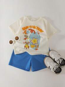 THE HAPPY LOOK 2pcs/Set Baju Atasan Rajut Lembut Berkerah Bulat Lengan Pendek Motif Kartun untuk Anak Laki-Laki dan Celana Pendek Pinggang Elastis - Aprikot - View 7