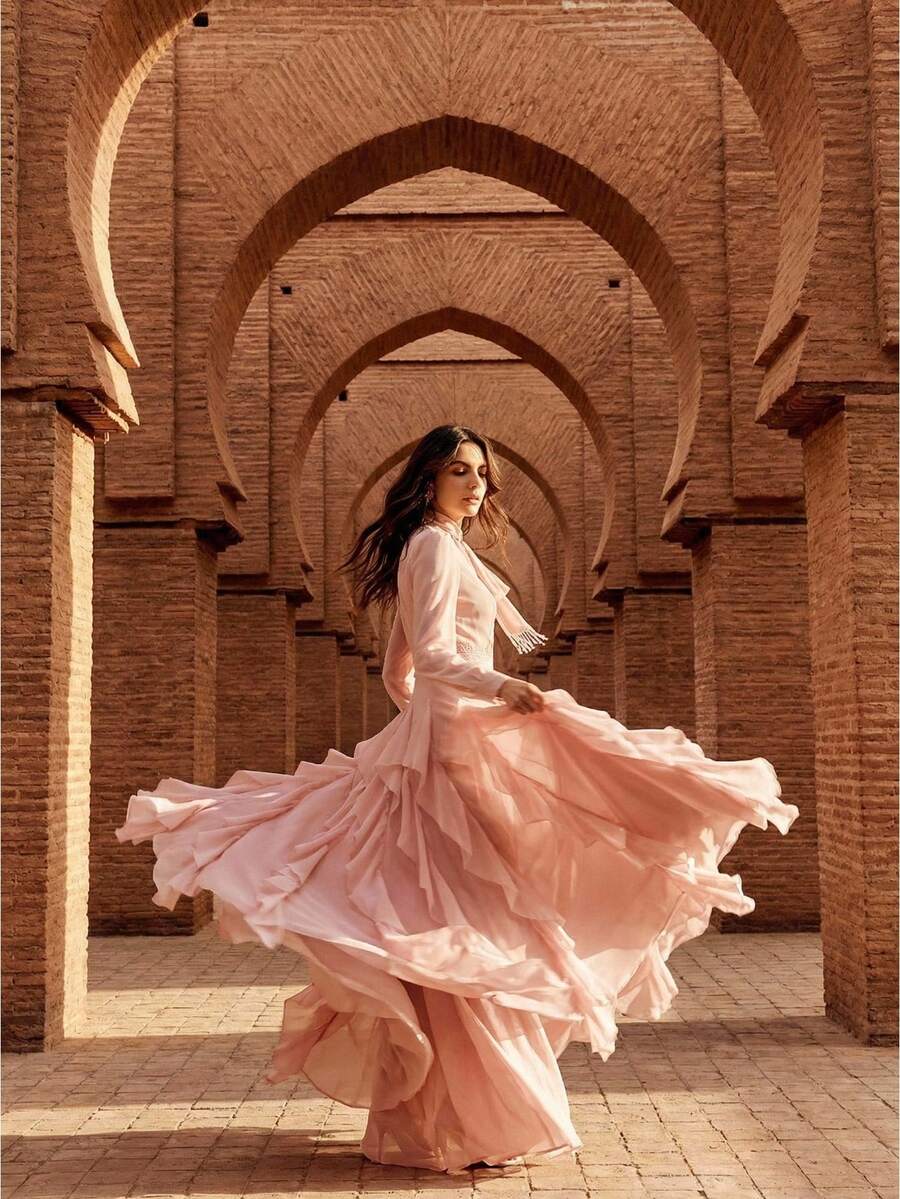 Anewsta 女士优雅连衣裙，斜领蝴蝶结，水钻流苏，收腰设计，喇叭裙摆饰有荷叶边，粉色连衣裙，适合各种优雅场合。 - 粉色 - 查看 1