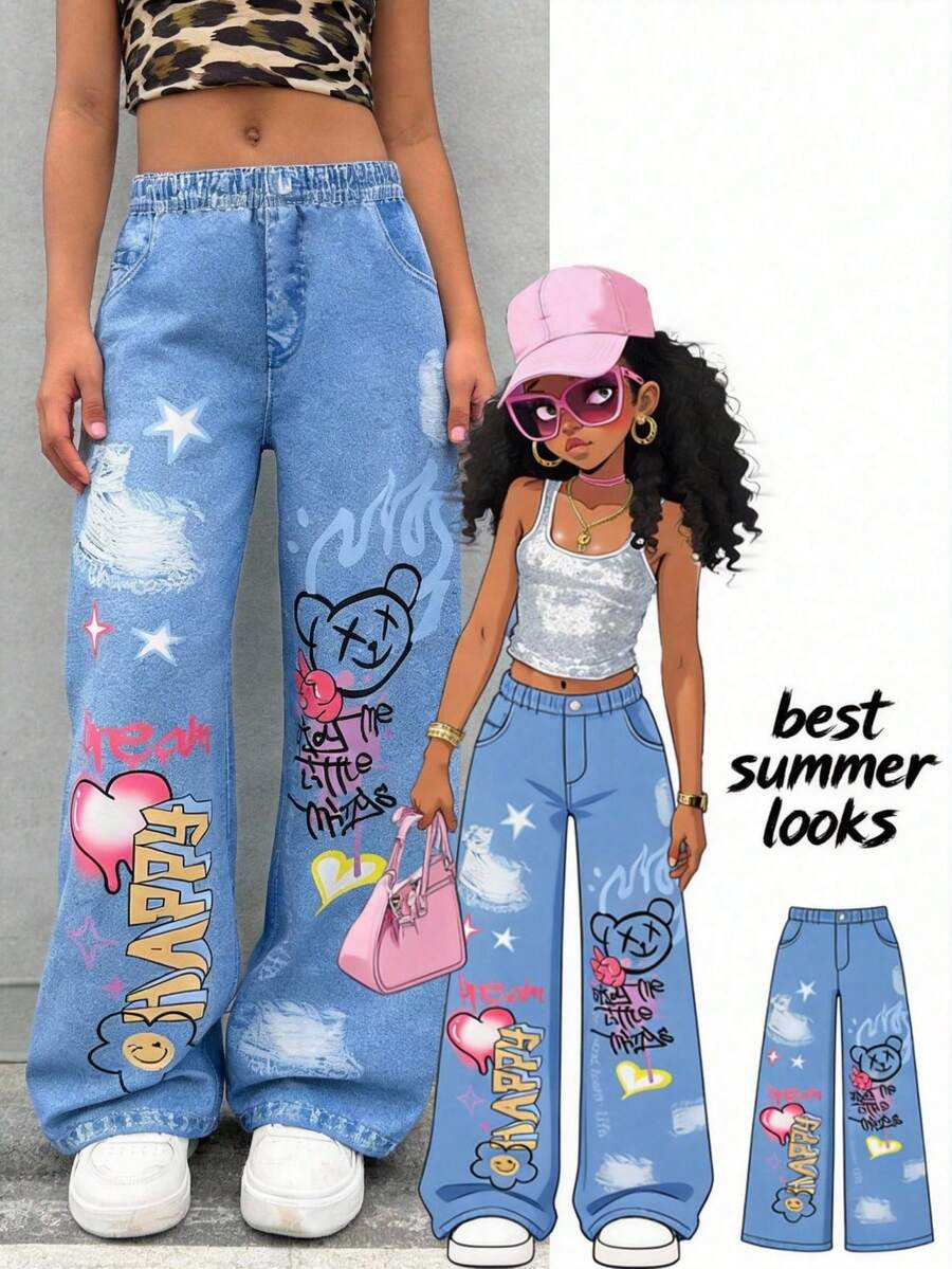 SHEIN ChillGRL 青少年女孩梭织字母图案休闲直筒非牛仔裤 - 藍色 - 查看 1