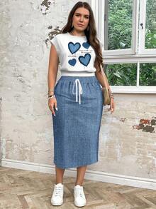 EMERY ROSE סט 2 יחידות: אפקט לב וג'ינס מקרית בגזרה רופפת טופ וחצאית לנשים במידות גדולות, מתאים לסתיו/חורף - כחול ולבן - ראה 5