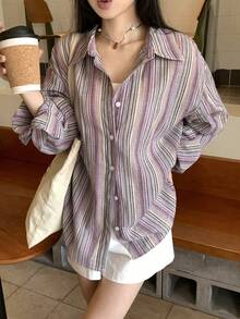 DAZY Women's Striped Minimalist Long Sleeve Shirt, Casual Everyday Wear - Brown - View 2