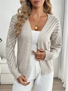 SHEIN Elenzya 浅杏色罗纹针织开衫，休闲通勤装，春夏款 - 杏色 - 查看 3