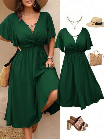 Rometta Plus Size Women's Spring/Summer Chain Link Ruffle Twist Waist Textured Knit V-Neck A-Line Midi Dress