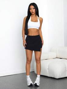 SHEIN PETITE 純色不對稱下擺迷你裙 白色運動裙 黑色兩件式女款裙褲套裝 女用網球裙套裝 適合嬌小女性 - 黑色 - 查看 1