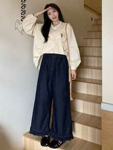 DAZY 女士宽松荷叶边下摆休闲百搭牛仔裤，适合所有季节 - 藍色 - 查看 2