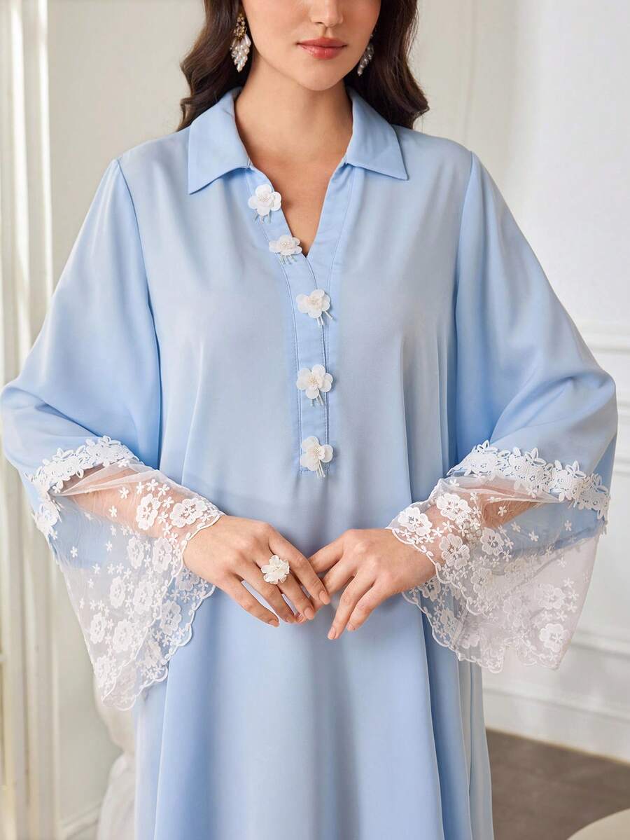 Al Najma Women's Elegant Daily Wear Light Blue Shirt Collar Floral Lace Sleeve Loose Long Arabic Dress - Blue - View 1