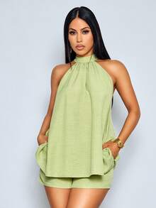 SOLERSUN 性感优雅的休闲沙滩度假两件套，薄荷绿露背吊带上衣搭配同色短裤，饰有不对称下摆。是约会和派对的完美之选。春夏女装时尚，尽显复古韵味。Kizn 女士度假套装，女士夏季套装，女士露背吊带上衣短裤套装，女士夏季两件套，鼠尾草绿女士套装，橄榄绿女士休闲两件套。 - 綠色 - 查看 9