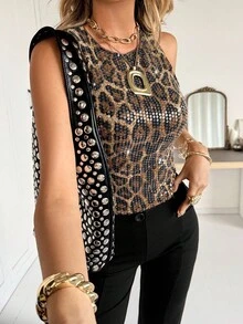 Siren Gaze Women's Casual Fashionable Modern Glitter Leopard Print Cheetah Print Sequin Camisole Sequin Crop Going Out Tank Top Leopard Costume Concert Outfits Party Tops Luxury Summer Shiny - Multicolor - View 2