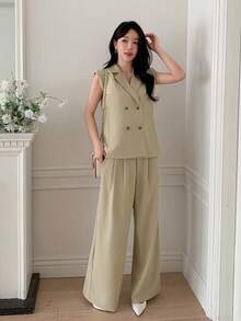 DAZY 女士休闲纯色假口袋外套和阔腿裤套装，春夏款，婚礼宾客礼服 - 綠色 - 查看 3