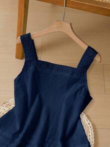 Rusticease Women's Solid Color Contrast Lace Single-Breasted Square Collar Sleeveless Blouse - Navy Blue - View 9