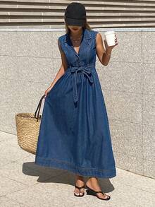 Livesso 夏季蓝色牛仔无袖翻领收腰度假连衣裙（女款） - 藍色 - 查看 5