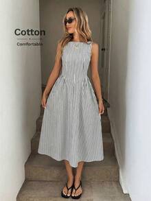 Easowa Robe mi-longue à taille froncée et coupe évasée, rayures bleues et blanches, sans manches. Décontractée, élégante pour les vacances, en coton respirant. - Noir et Blanc - Voir 6