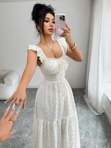 Elenzga 新款女士方领针织纹理优雅露背系带度假连衣裙 - 杏色 - 查看 5