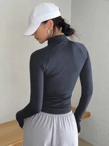 DAZY 女士纯色修身休闲长袖T恤，秋季新品 - 藏蓝色 - 查看 4