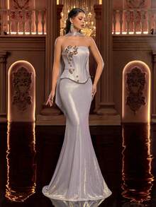 Glamrae Elegante e lussuosa gonna a sirena con fascia elastica e decorazione in metallo 3D fatta a mano (accessorio pendente con paillettes staccabile incluso), adatta per matrimoni, feste, vacanze, gala, occasioni formali (design robusto) - Argento - Visualizzare 2