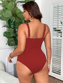 Swim Lushoire Plus Size Women's Square Neck Ruched Tummy Control Solid Color Ribbed One-Piece Swimsuit, Minimalist For Everyday Wear - Red - View 2