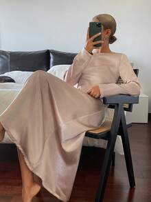 DAZY Satin Shiny Backless Criss-Cross Strap Loose Women Nightgown - White - View 5