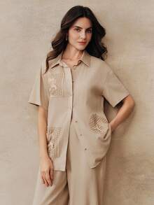 Anewsta Women's New Elegant Short Sleeve Gray Linen Coconut Tree Vacation Blouse Top, Summer Shirt - Khaki - View 6