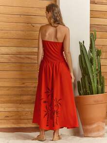 CAJUNI 女士度假棕榈树镂空设计时尚无肩带连衣裙 - 亮橙色 - 查看 2
