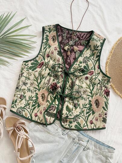 Soleia 大码女式度假休闲复古热带植物提花系带纹理面料背心
