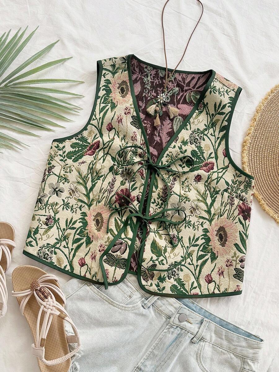 Soleia 大码女式度假休闲复古热带植物提花系带纹理面料背心 - 彩色 - 查看 1