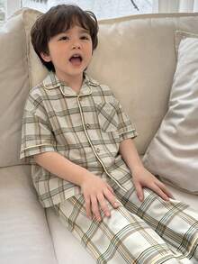 DAZY Toddler Boys' Plaid Short Sleeve Top & Pants Pajama Set - Apricot - View 3