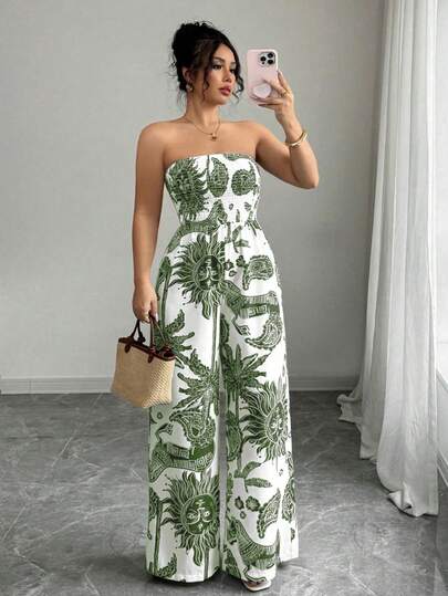 Elenzga 女士印花抹胸连体裤，收腰阔腿设计，优雅百搭，适合度假、通勤和日常穿着。