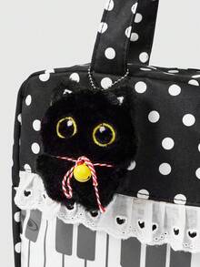 ROMWE Anime 1个可爱甜美蝴蝶结爱心蕾丝拼接波点波普艺术女士手提包，第二代零食数量音符音乐节透明分层徽章娃娃展示单肩包，适合购物、校园、蝴蝶结 - 多黑色 - 查看 3