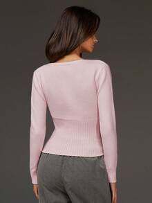 Athîral 女士休闲纯色交叉裹身长袖舒适针织上衣 - 淺粉色 - 查看 2